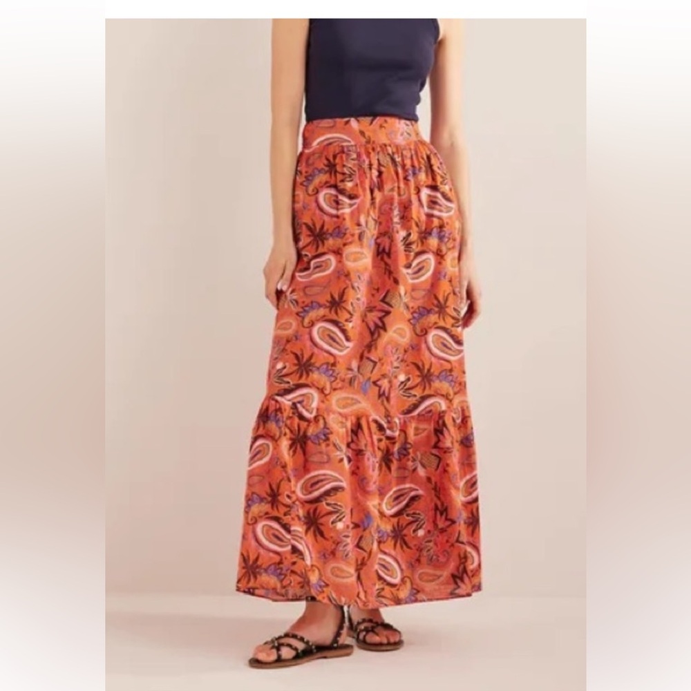Boden Tiered Cotton Maxi Skirt Coral Paradise Paisley SZ 6P petite Pockets!!